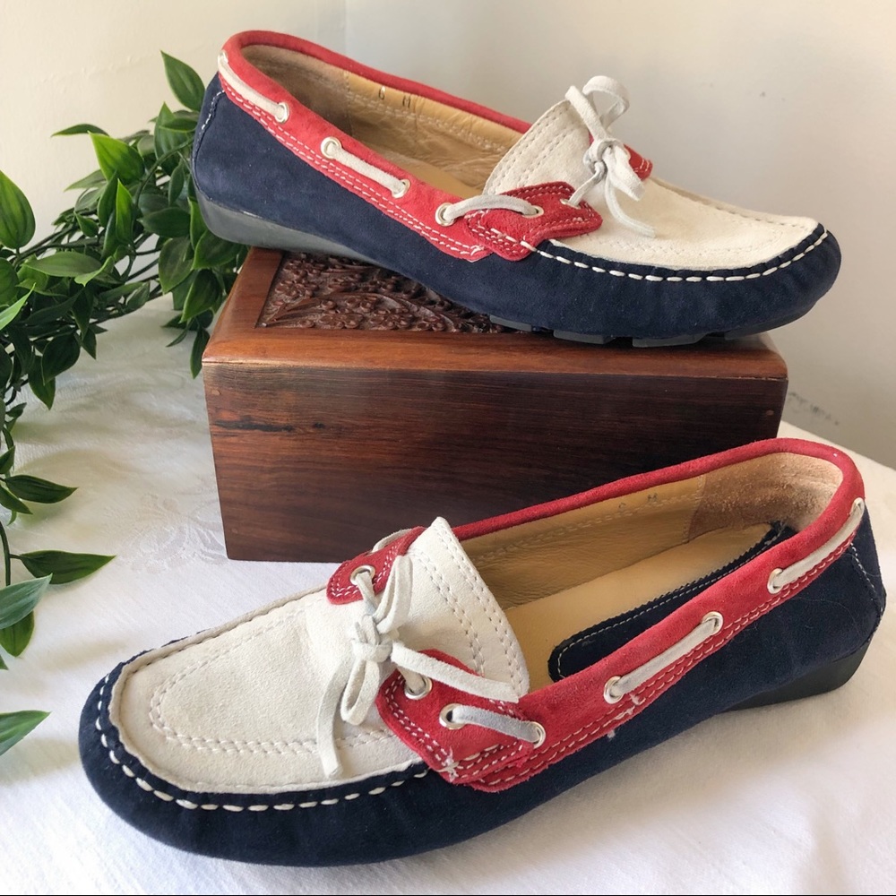 VanEli Suede Leather Driving Loafers Moccasins Size 6 Red White & Blue